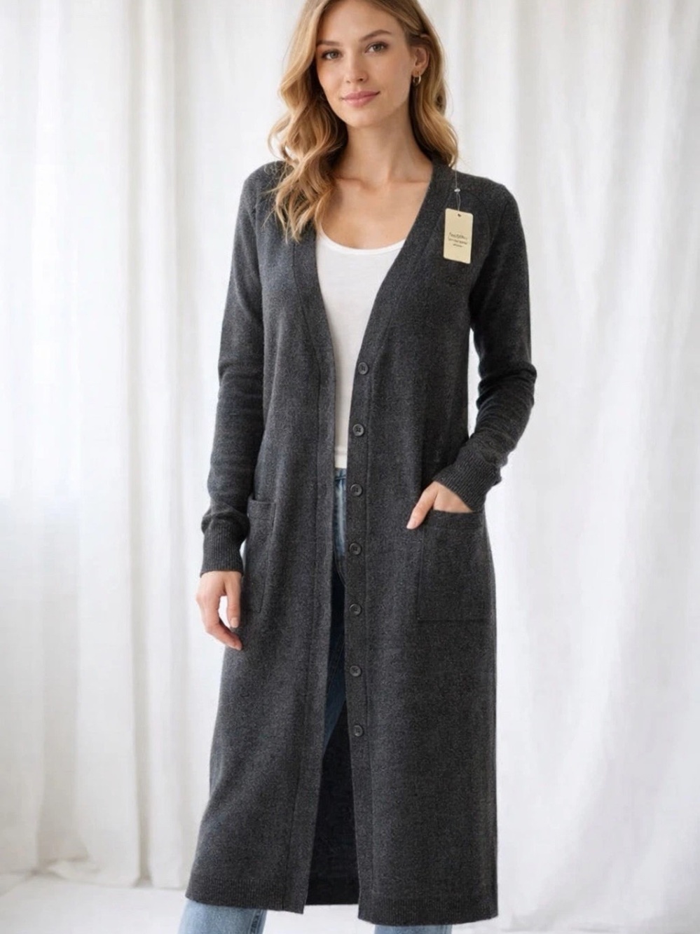 🆕Twenty one Button Up Long Cardigan Wool Blend Charcoal Grey Minimalist Size SM